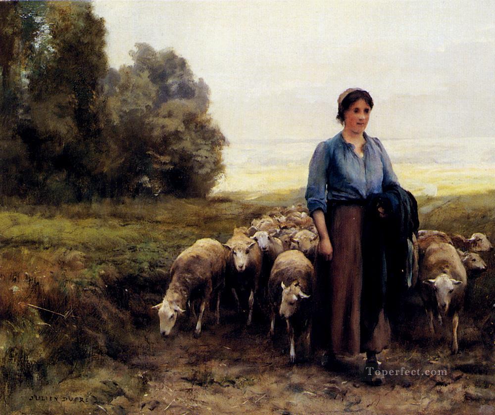 Pastora con su rebaño vida en la granja Realismo Julien Dupre Pintura al óleo